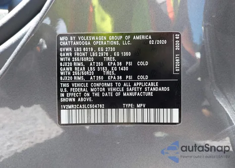 2020 Volkswagen Atlas 3.6L V6 Sel from USA, damaged, VIN 1V2MR2CA3LC504762